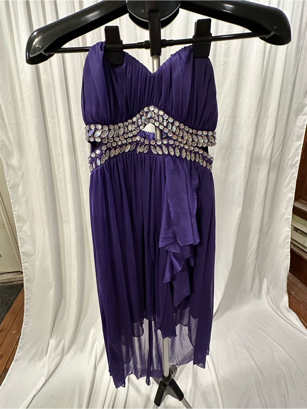 My Michelle Purple Strapless Jeweled Waist Chiffon Dress